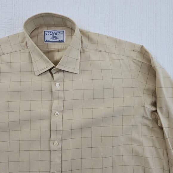 Charles Tyrwhitt French Cuff Shirt Men's 18/37 Tan Windowpane Classic Fit EUC - Picture 6 of 13